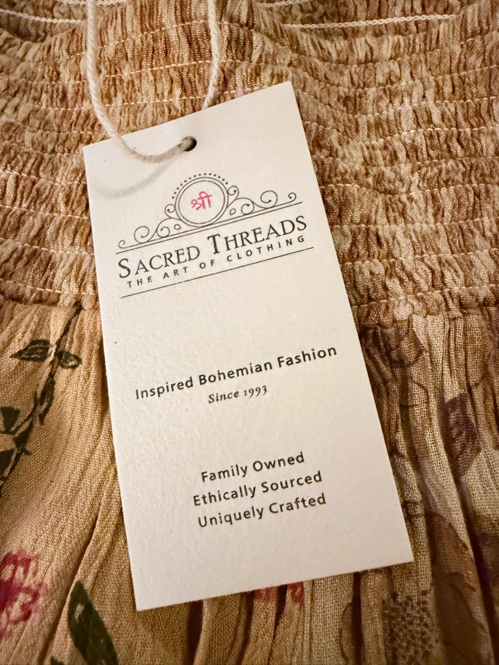 Sacred Threads Beige Boho Smocked Tunic with Floral Accents